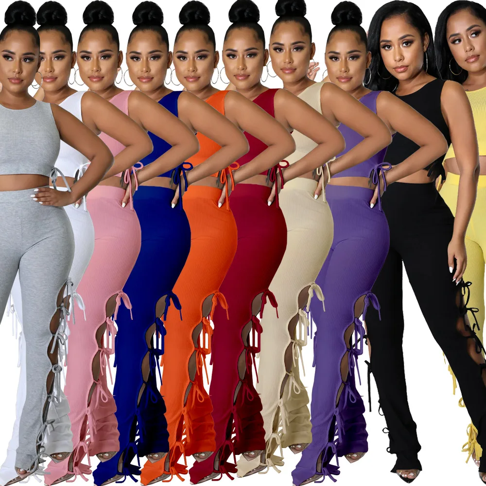 2022 New Trendy Custom Logo Crop Tops Two Piece Set Tank Tops Long Hollow Out Pant Women 2 Piece Summer Set