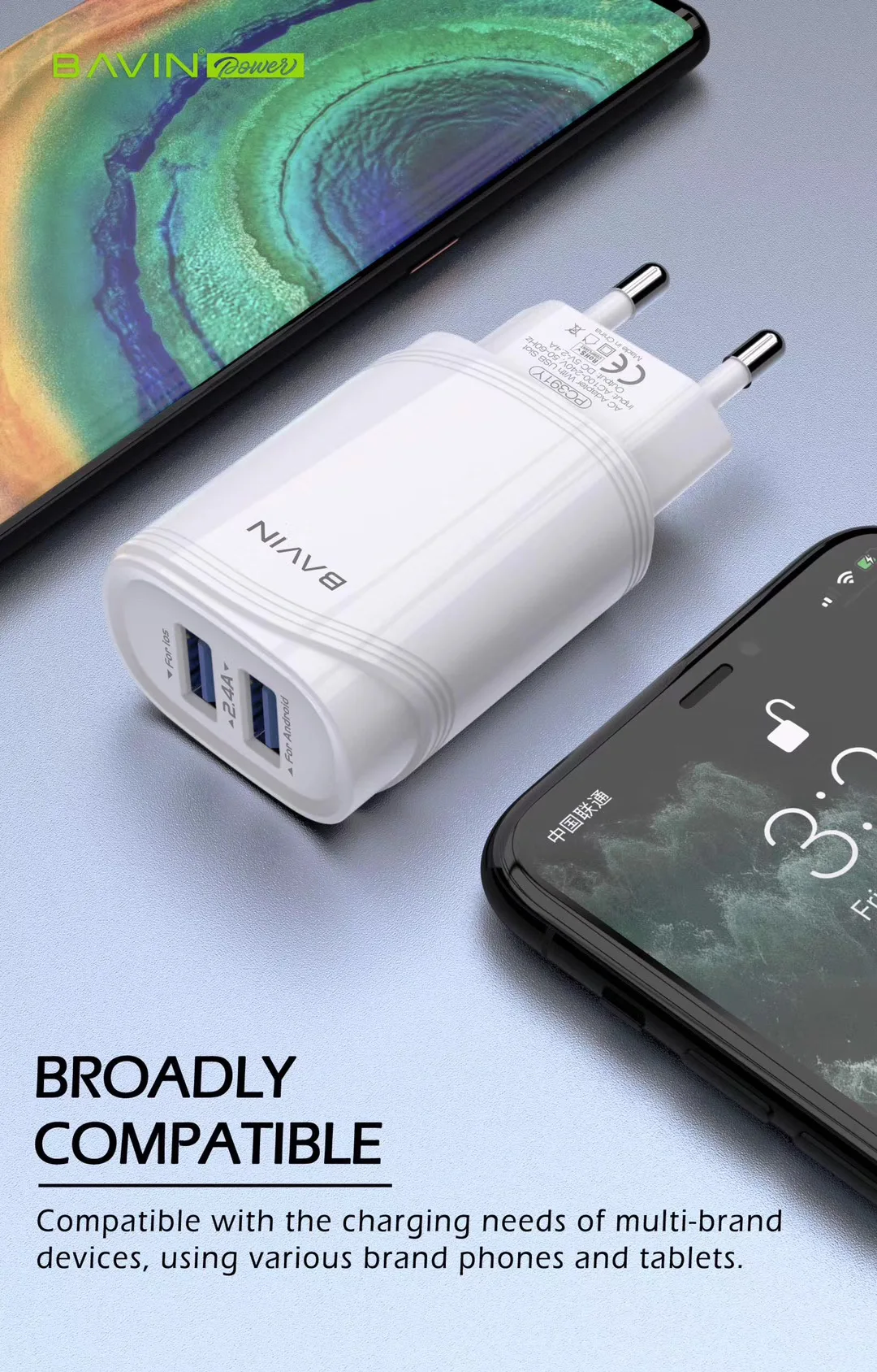 BAVIN PC391Y Factory Hot Selling Quick fast charing dual usb with cable wall phone charger for Samsung galaxy S8 S9