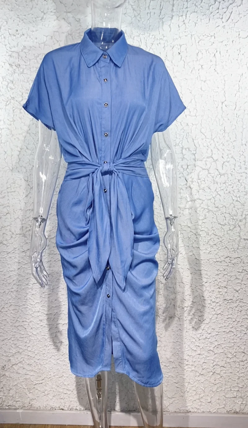 Women Summer Short Sleeve Shirt Dress Ladies Elegant Sexy Denim Long Dresses Pocket Button Shirt Casual Loose Dresses