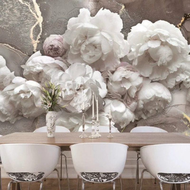 White Peonies on Golden Marble Luxury Photo Wallpaper Modern Wall Decor with 3D Flowers Wall Murals