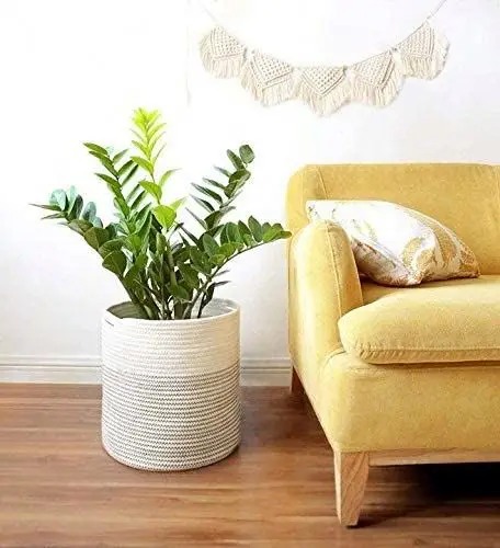 Cheap 3 Set Round Orange Large Weaving Fabric Felt Hanging Plant Laundry Cotton Rope Woven Storage Basket Bag With Long Handles