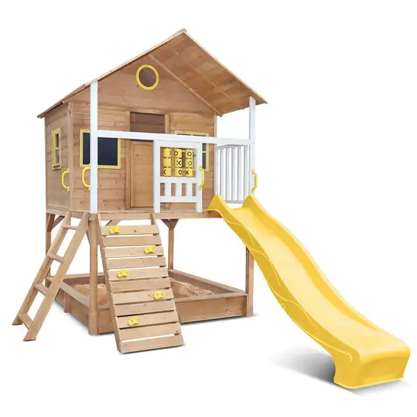 Outdoor Wood Playhouses Playground Kids Playhouse Cubby House Wooden with Slide and Sandbox