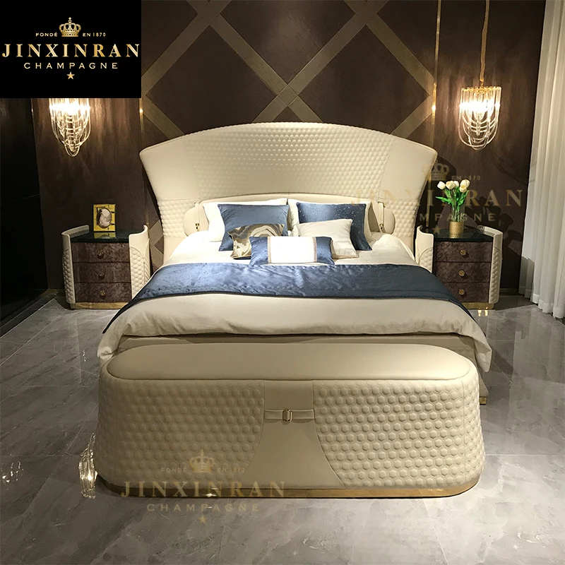  modern luxury bedroom furniture double bed set king size solid wood genuine leather