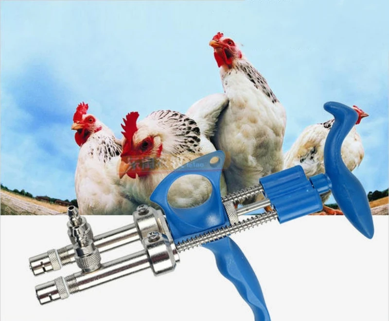Poultry Vaccine Stainless Steel Syringe Chicken Double Needle 0.1- 0.5ml Syringe 2in1 Adjustable Continuous Syringe