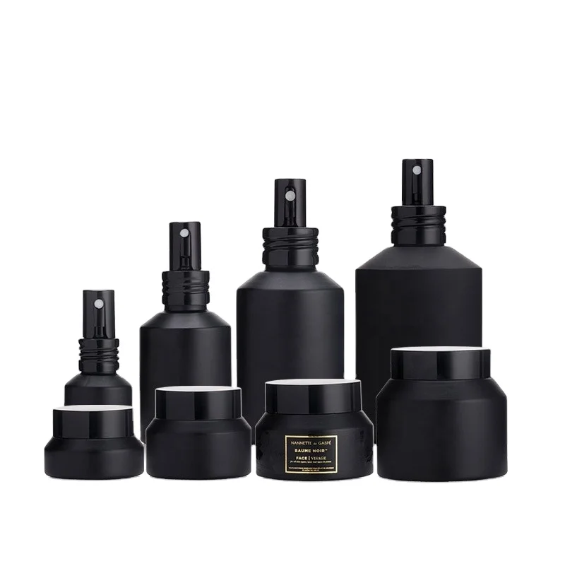 cosmetic packing cream jar 15g 20g 30g 50g black matte  Flat shoulder glass jar pump bottle for skin care