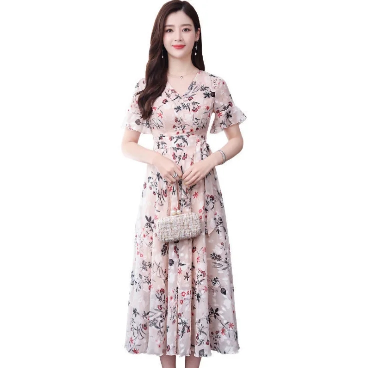 
2021 New Floral Dress Summer Trumpet Sleeve Long Skirt Slim Plus Size Casual Dress Women 