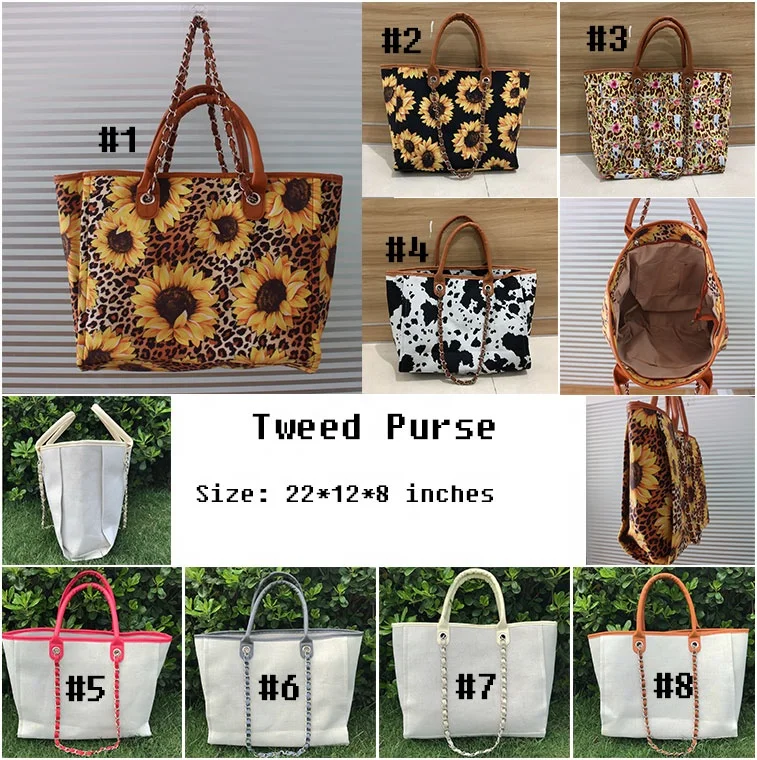 Women Sunflower Cow Print Bull Head Chain Leather Large Tweed Bag