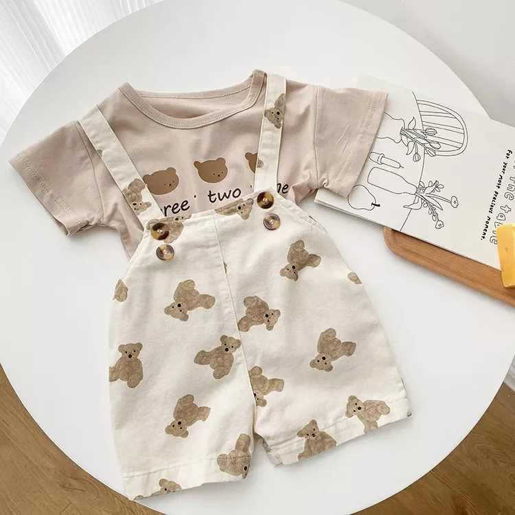 Пуловер и комбинезон цвета хаки с рисунком медведя из 100% хлопка