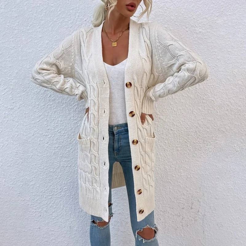 Однотонный длинный однобортный Кардиган с карманами, свитер для женщин, новый дизайн 2021