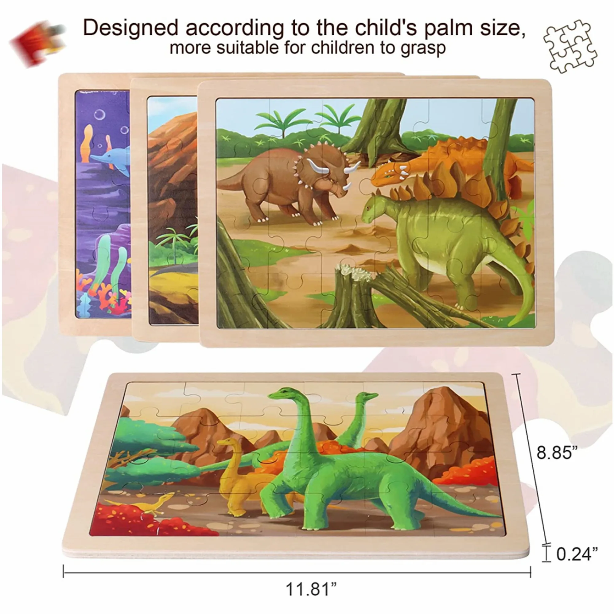Wooden Dinosaur Puzzles for Kids 24 PCs Jigsaw Puzzles Preschool Educational Brain Teaser Boards Toys Montessori Toys