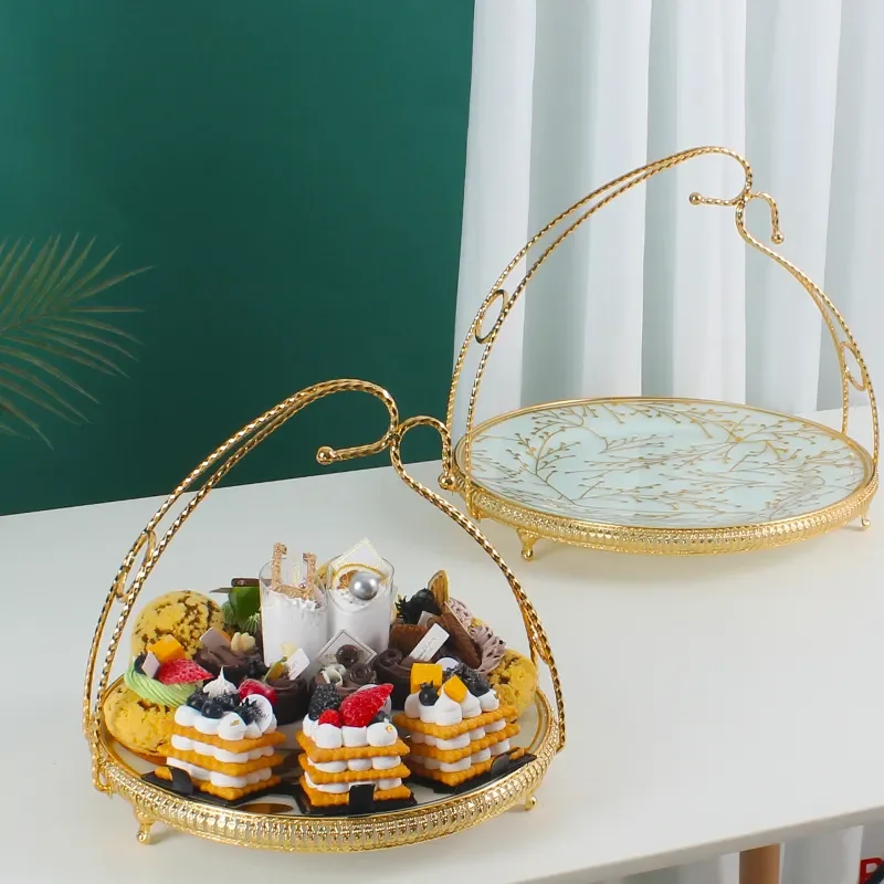 2024 Table Party Decor Metal Gold Plated Glass Food Cake Cookies Serving Plate Tray