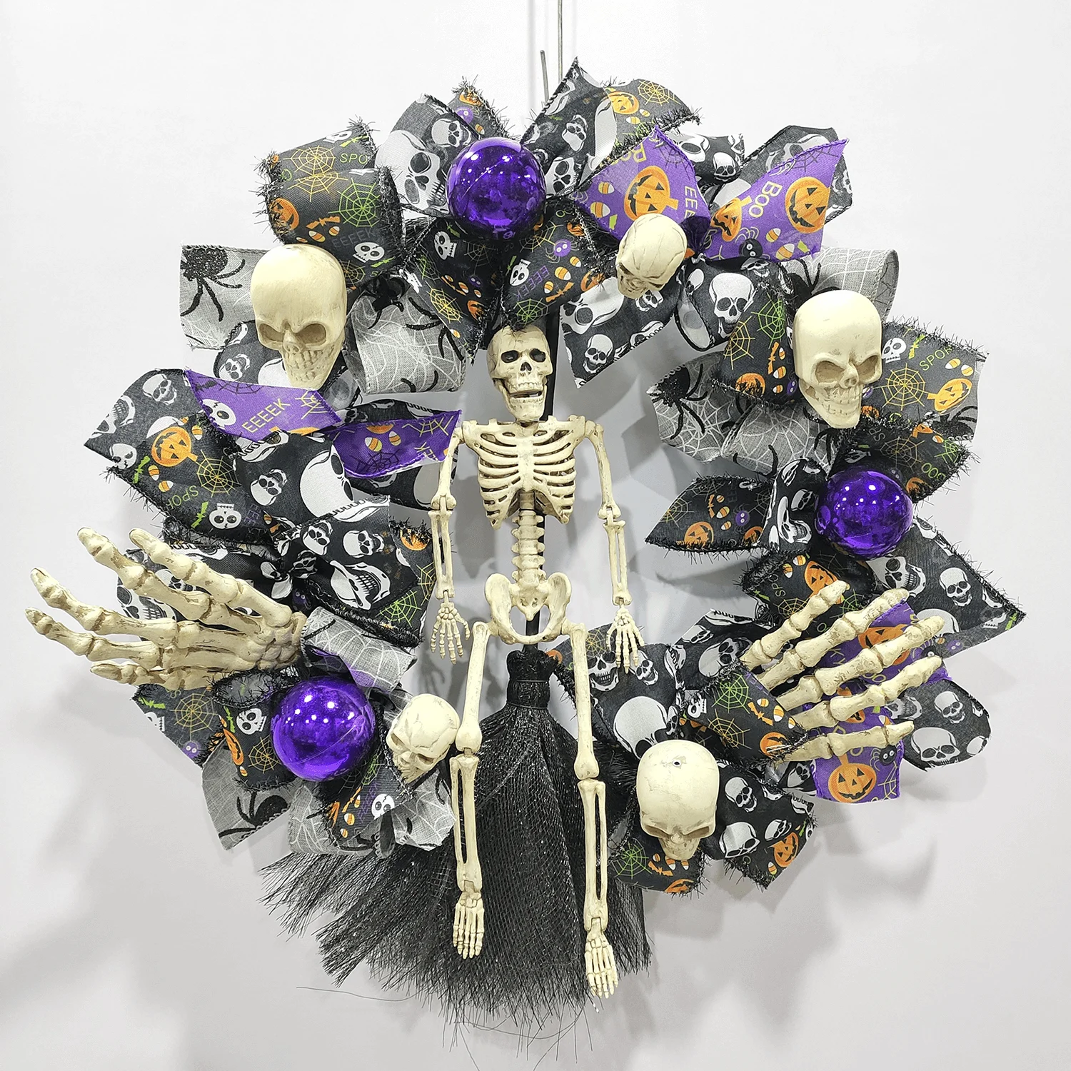 Senmasine 24 Inch Spooky Scary Head Ghost Pumpkin Artificial Leaves Flowers Rose Halloween Skeleton Wreath With DIY Bows