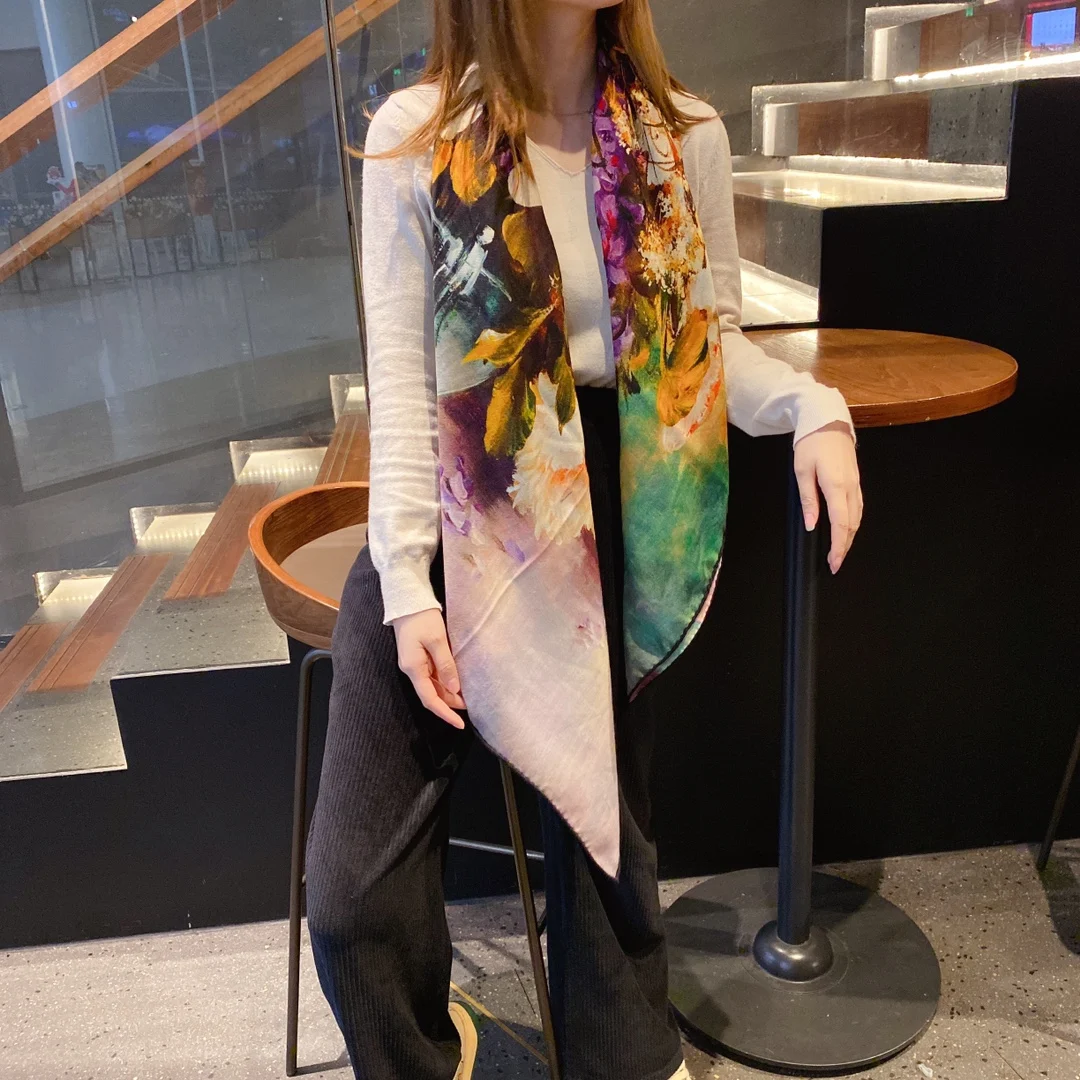 Luxury Large Shawls 140*140 Double-sided Blended Silk And Cashmere Scarf For Women