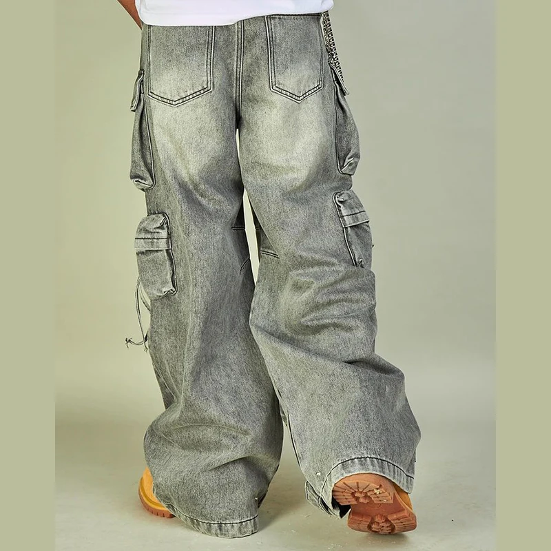 DIZNEW top selling products 2024 High quality Wide Multi pocket denim jeans men American heavy wash loose cargo jeans pants