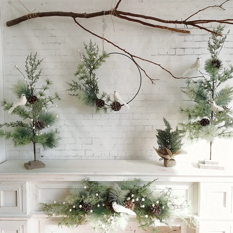 Artificial glitter green pine cone metal ring flower wreath circle with white bird Christmas decorative wreath