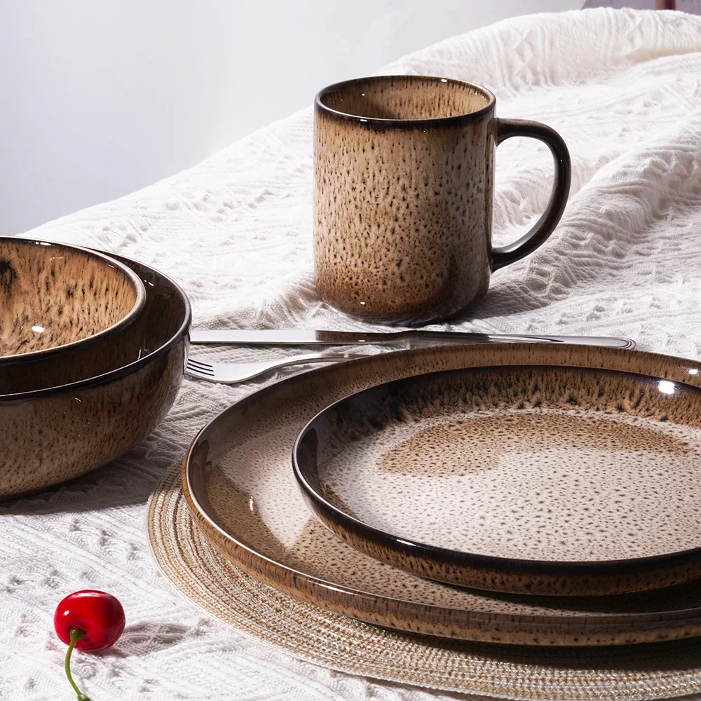 Creative Luxury British Dinnerware Reactive Glaze Ceramic Plates and Cups Dinnerware Sets
