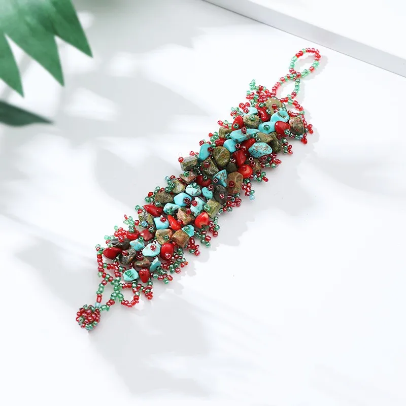 Wollet Fashionable Boho Style Agate Powder Macadamia Woven Handrack Cluster Statement Wide Bracelet for Women