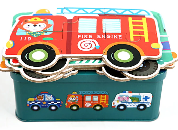 YMK in stock! Animal Traffic Character diy cartoon puzzle early education tin box jigsaw puzzle 6 in 1 for Children wholesale