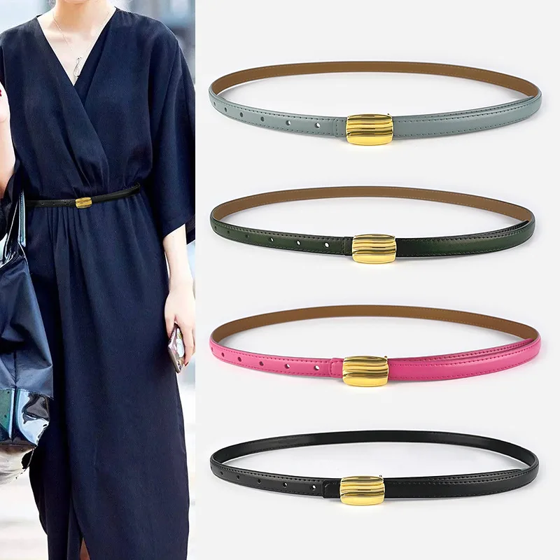 Newest Designs Metal Gold Buckle Genuine Leather Thin Belt Female Colorful Cowhide Waist Belts Decoration Jeans Wholesales