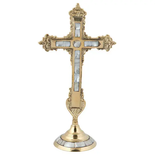 Vintage Standing Gold Mother of Pearl Cross - Altar Gold Cross