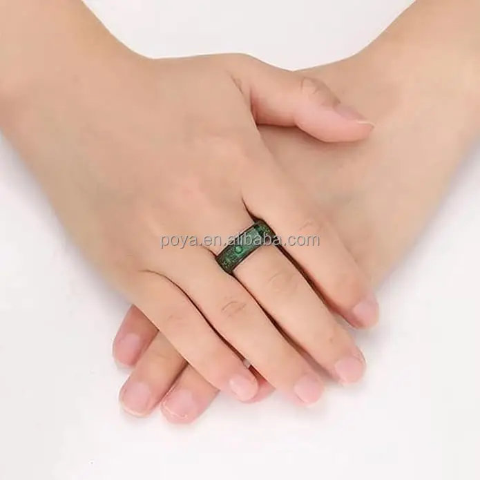 POYA Jewelry 8 mm Black Tungsten Carbide Wedding Engagement Ring Steampunk Green Carbon Fibre Gear Inlay Bevelled Edge Men Gift