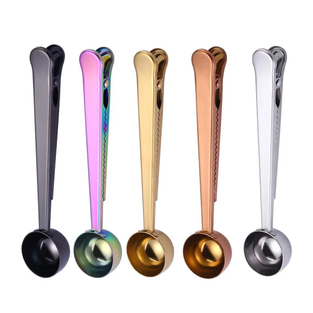 Бестселлер дешевая металлическая ложка для кофе 2 в 1 из нержавеющей стали мерная молока и с зажимом запечатывания мешка