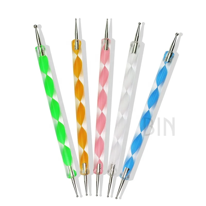 BIN Colorful 5pcs Dual Heads Acrylic Metal Wax Pen Rhinestones Nail Art Dotting Pen for Manicure