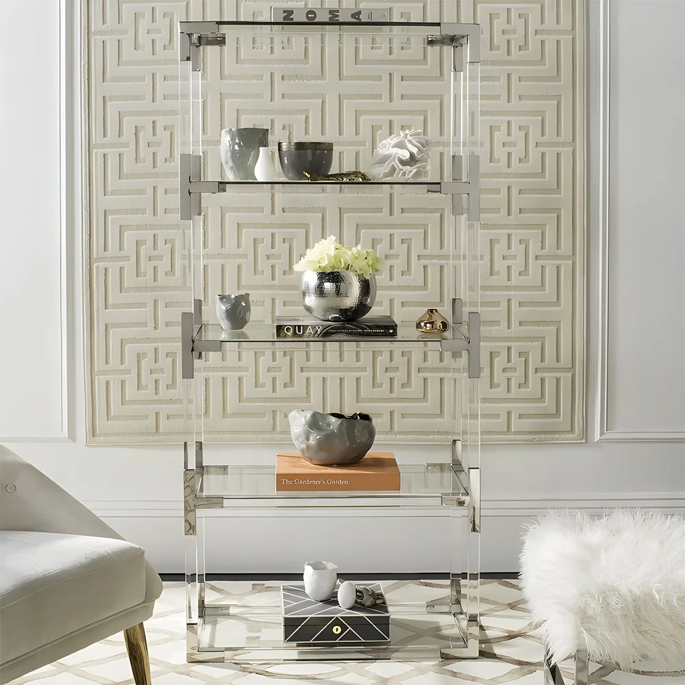 Modern gold transparent bookcases decorative metal ladder nordic modern bookshelf clear acrylic luxury display shelf