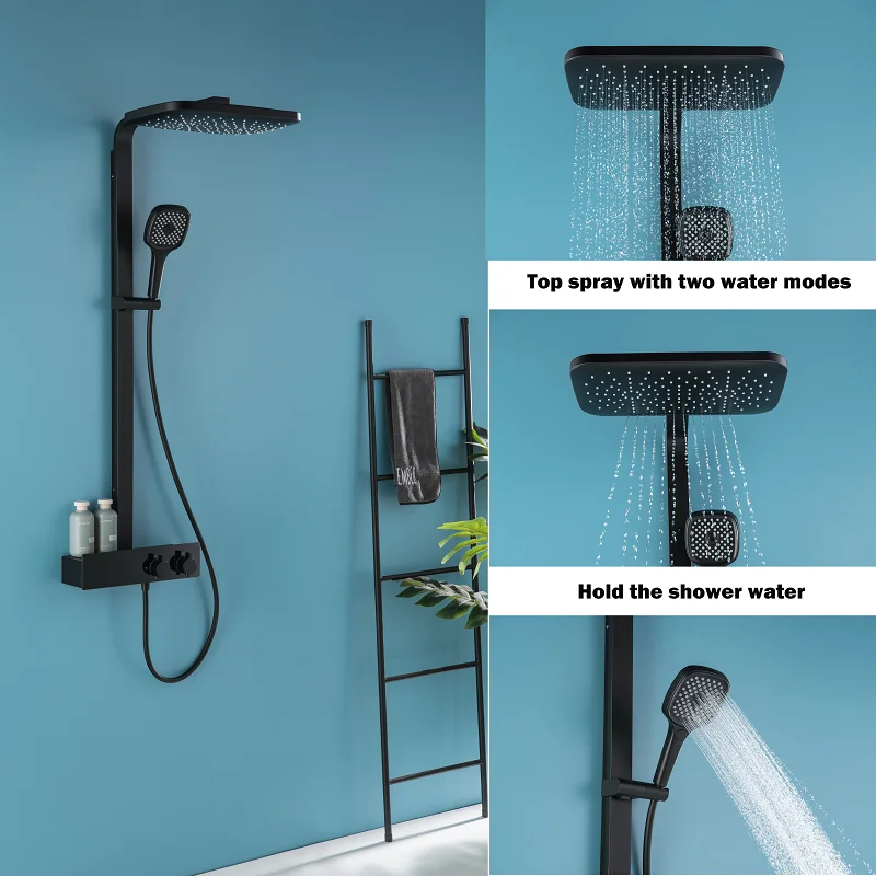 Cold And Hot Water Brass Rain Mixer Black System Thermostatic Shower Set