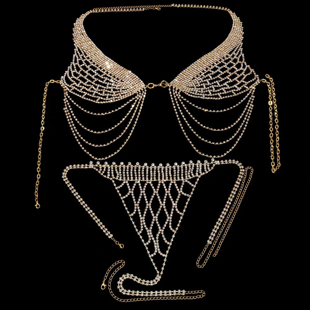 Crystal Set Women Body Chain Statement Charming Rhinestone Body Jewelry Bra Thong Panties Party Bralette Chain