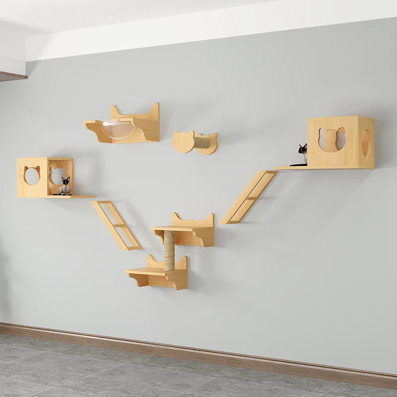Pine bamboo cat wall climbing frame set of 5 cat wall furniture cat shelves and perches