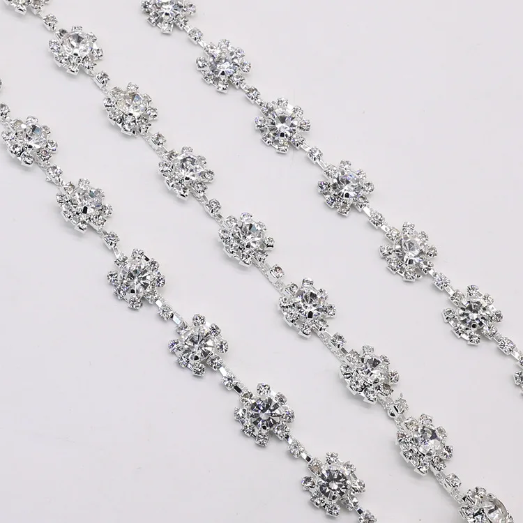 JFRC026 Flower Rhinestone Chain Trim Wholesale Clear Crystal Rhinestone Custom Chain Applique