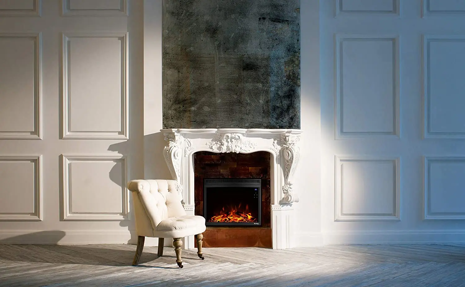 26' Curved Front Electric Fireplace Insert Artificial Flame Quartz Infrared Fireplace Heater Interior Glass View