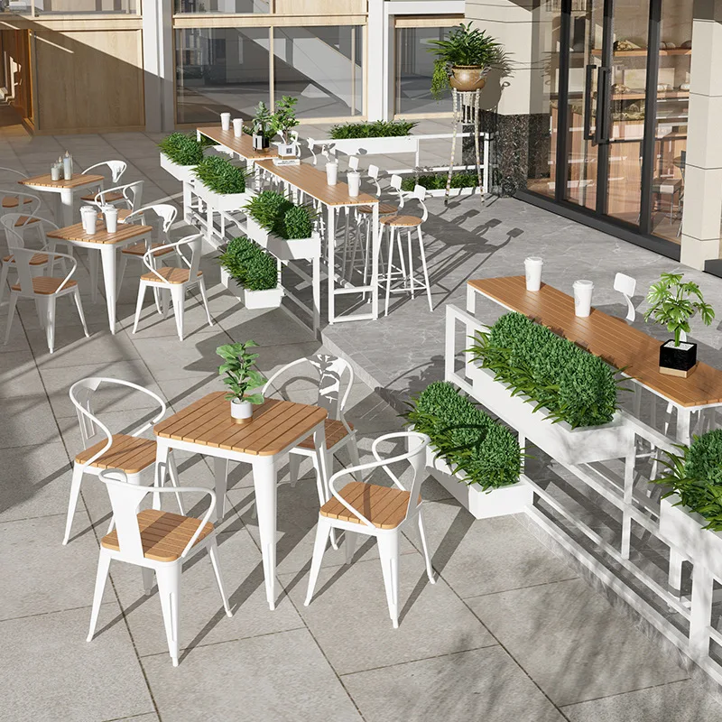 Cafe wrought iron milk tea shop outdoor high table chair combination home balcony casual rectangular table against the wall