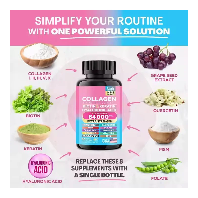 Vegan Friendly Collagen Peptides Powder Multi Vitamins Marine Keratin Biotin Collagen Capsules Healthcare Supplement For Women