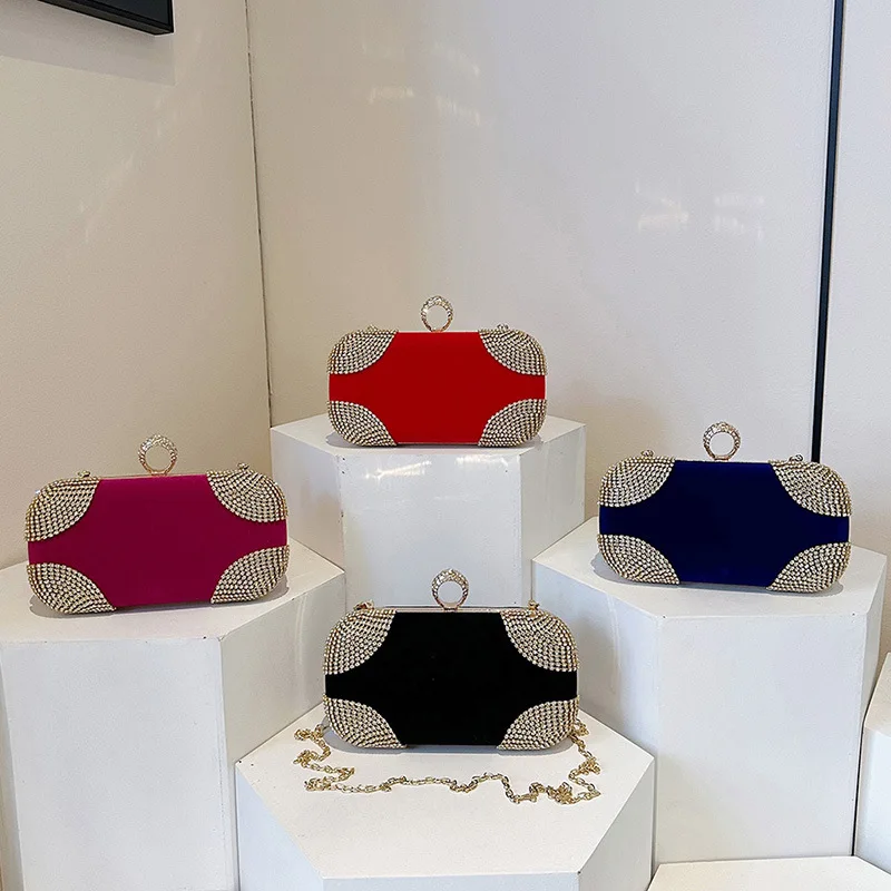 fashion retro party dinner evening bags women handbag single shoulder hand luxury rhinestone suede chain crossbody bag