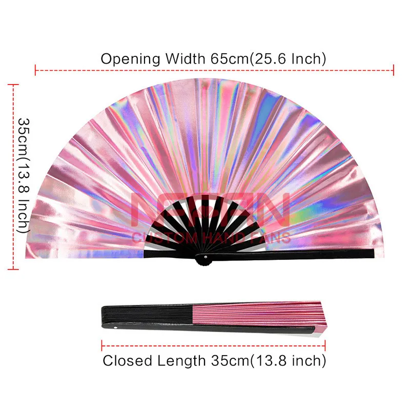 Hot sale Clack Rave Folding Hand Fan Iridescent Holographic Fabric Strong Bamboo ribs for Festivals or Parties