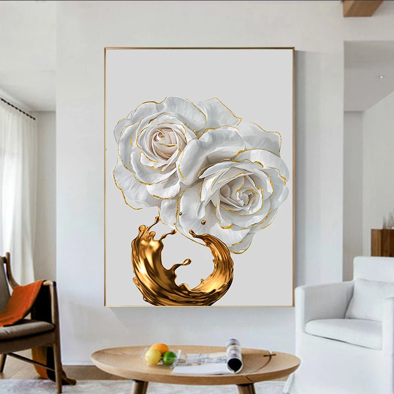 Luxury Flower Picture Wall Canvas Painting White Rose Golden Ink Splash Poster Morden Living Room Decor Nordic Art Plant Canvas