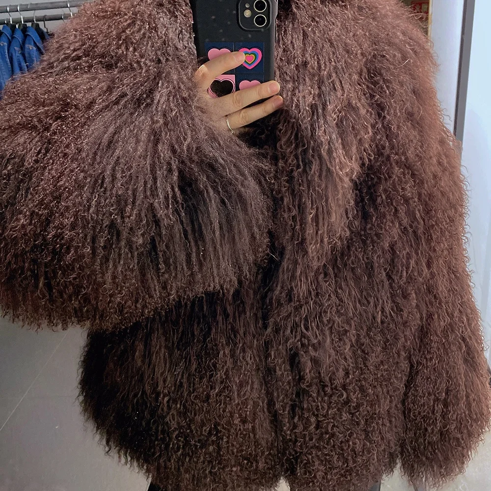 Dark brown 100 percent lamb fur coat for women coat with mongolian fur collar and sleeve wholesale sheep fur coats