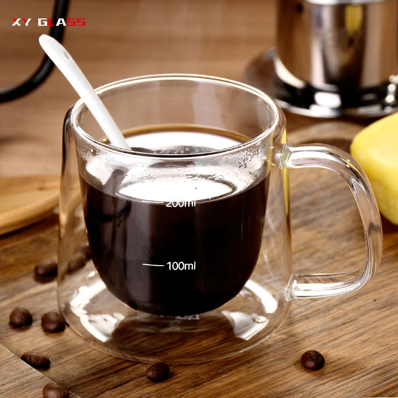 Household transparent double wall with handle coffee tea thermo glass mug