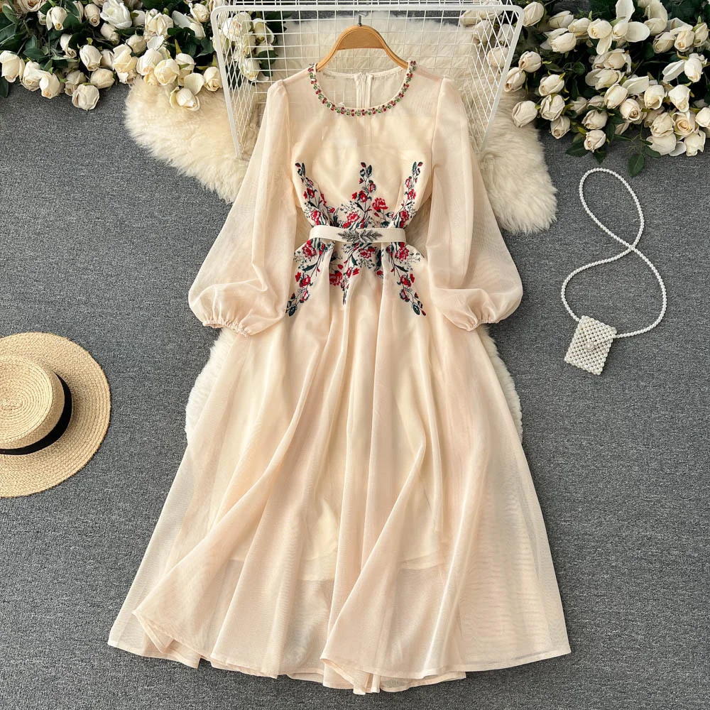 Customized embroidered mesh studded long sleeved dress women autumn new beige lady dress