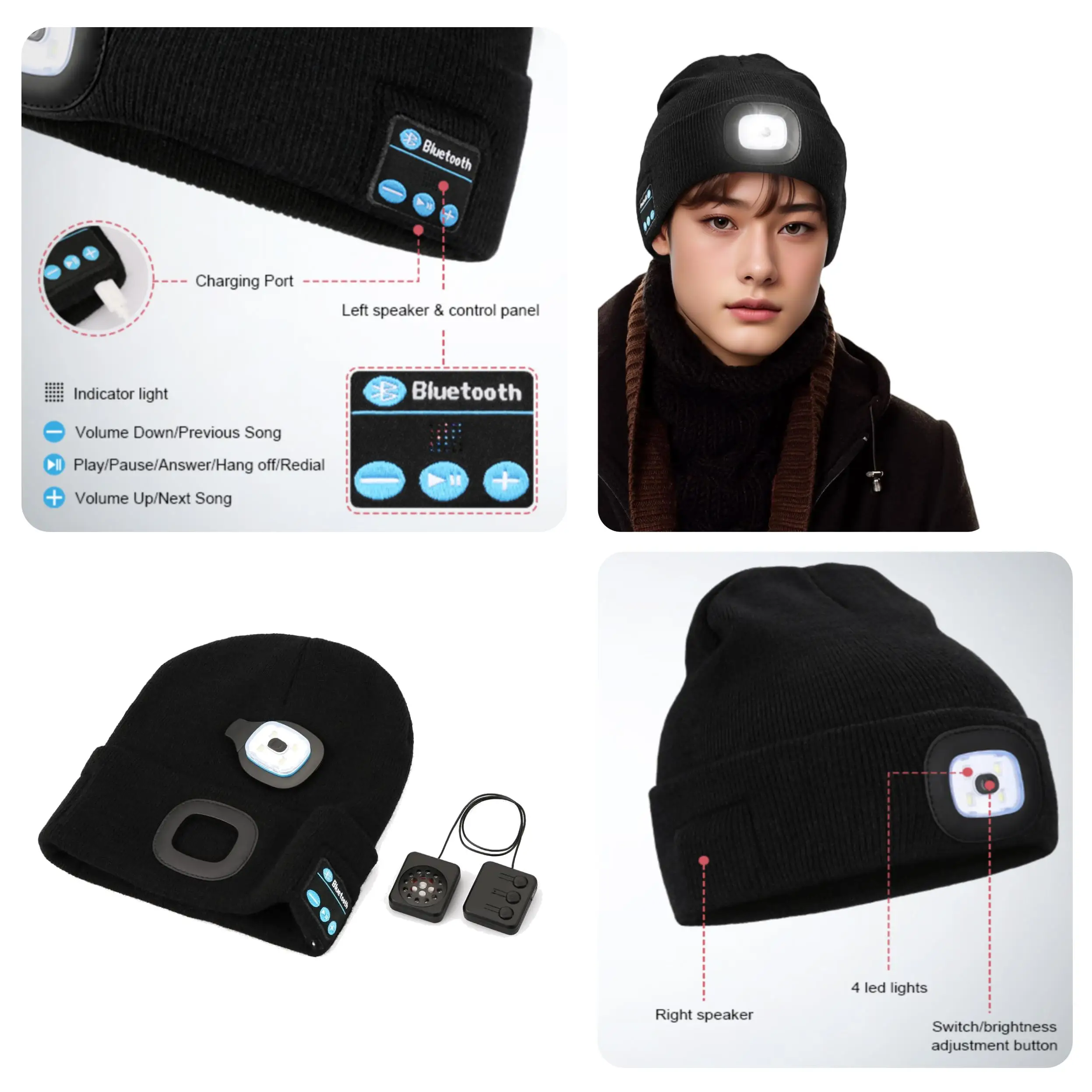 Unisex LED 125lm USB Recharge Multi-function Music Cap Removable Pull-over Speaker Headset Washable Knitted Hat Beanie Headtorch