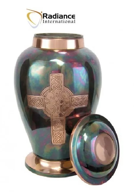 Solid Celtic Cross Raku Brass Cremation Urn Modern American Adult Funeral Ashes Memorial Colorful Velvet Adult Human Remains