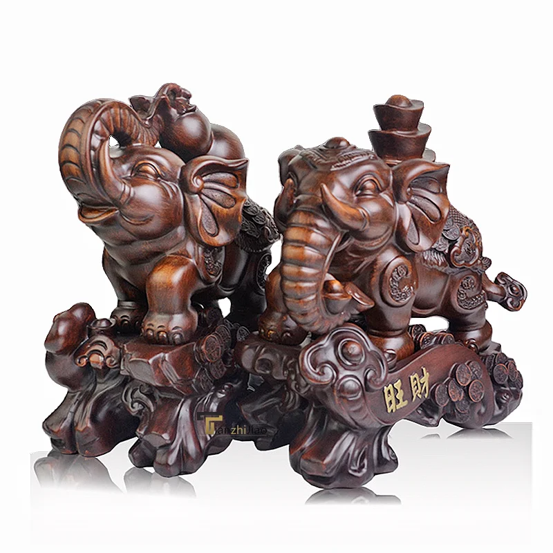 Customized Resin Crafts Elephant Statues Ornaments Lucky Feng Shui Gift Decoration Imitative Wood Elephant Sculpture