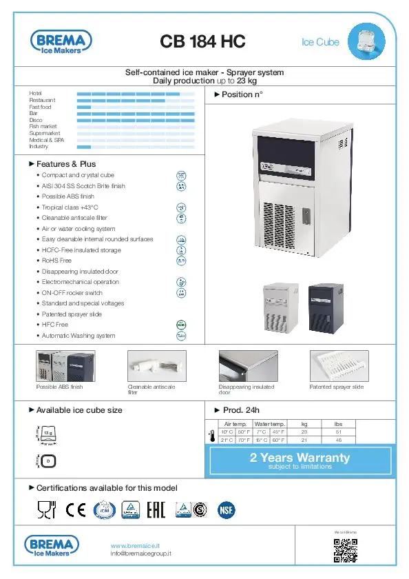 High Quality Electric Ice Maker with Built-In Container CB 184 HC Spray System up to 23 Kg Daily Production for Bottled Water