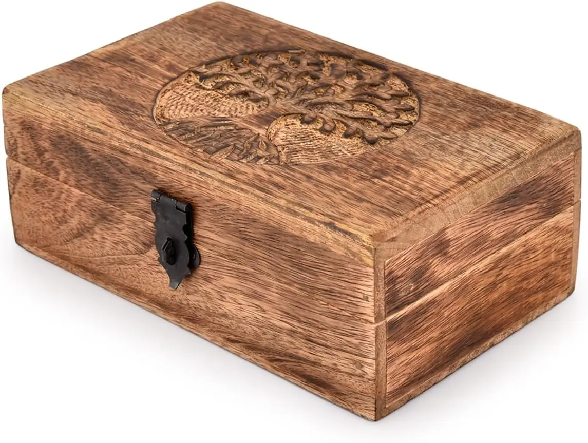Handmade Mango Wood Tree of Life Engraving Beautifully Keepsake Box Jewellery Organiser Unique Gift Ideas for Men & Women