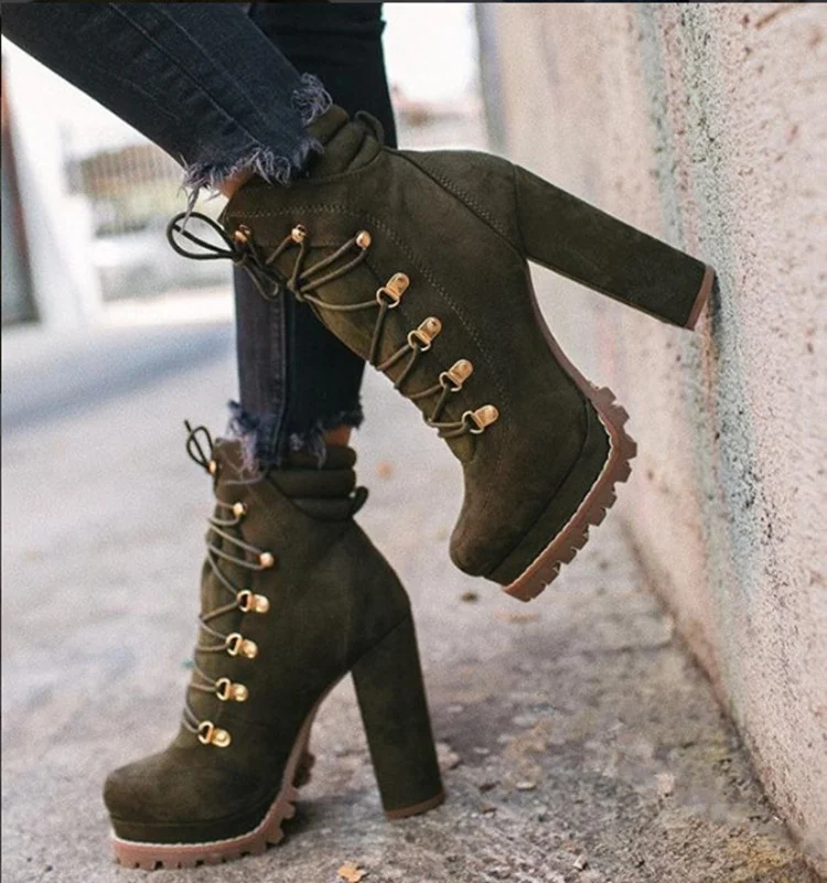 2021 Newest Ladies Lace Up High Heels Ankle Boots Cross Straps Waterproof Shoes Platform Thick Bottom  Ankle Booties