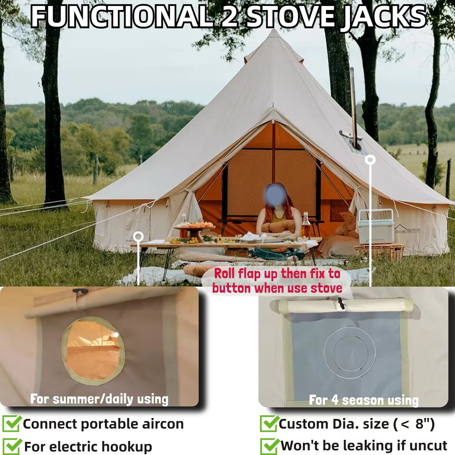 USA Free Shipping Canvas Bell Tent 4 Season Glamping Tents for Camping, Yurt Tent House for 4/6/8 Adults Living