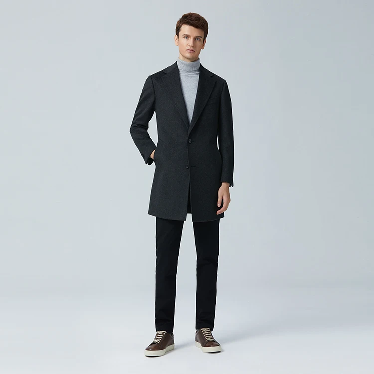 Fashion Designer High Quality Autumn Winter 100% Wool V-neck Men Long Coat with Pockets