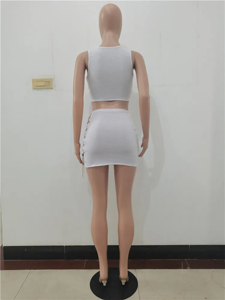 Summer 2021 New Women Fashion Sexy Bandage Chain Crop Top And Mini Skirts Two Piece Set Outfits